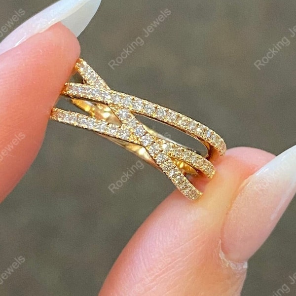 Moissanite Criss Cross Ring, Gold Plated Sterling Silver, X Wedding Band
