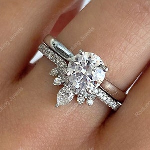 Art Deco Moissanite Wedding Ring Set, Women&#39;s Engagement Ring Set, Unique Bridal Sets, Curved Matching Ring, 925 Silver Solitaire Rings Set