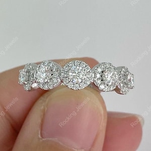 5 Stone Halo Anniversary Ring, Moissanite Wedding Bands Women, Round Eternity Stackable Ring, Unique Promise Ring For Her Gold & Silver Ring
