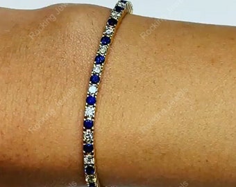 CZ saffier en diamanten armband, afwisselend saffier tennisarmband, Eternity September geboortesteen armband, bruidsarmband