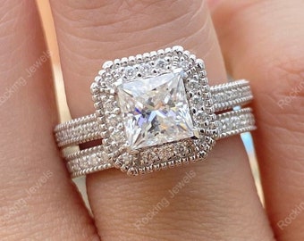Princess Cut Moissanite Wedding Ring Set, Vintage Filigree Halo Engagement Ring Set, Art Deco Bridal Sets For Women, Silver Promise Ring Set