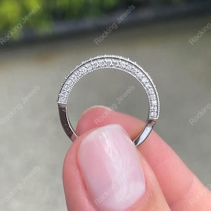 Vintage Milgrain Wedding Band, 3D Moisssanite Half Eternity Band, 3 Sided Pave Gold Stackable Rings For Women, Triple Row Anniversary Rings