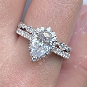 Art Deco Bridal Ring Sets, Pear Shaped Moissanite Engagement Ring, 925 Silver Wedding Rings Set For Women, Unique Matching Vintage Band