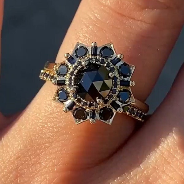 Black Diamond Wedding Ring Set, Black Onyx Engagement Ring Set, Art Deco Vintage Bridal Ring Set For Women, Silver Promise Ring For Her
