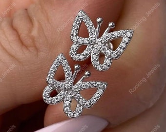 Moissanite Butterfly Stud Earrings, Sterling Silver, Anniversary Gift