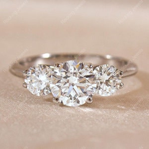 Tulip Setting Round Cut Engagement Ring, Three Stone Moissanite Ring, Gold / Silver Nature Inspired Ring, Trilogy Ring, Promise Rings Women
