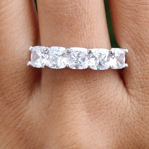 5 Stone Cushion Moissanite Ring, Five Stone Moissanite Wedding Band, Anniversary Rings For Women, Unique 925 Silver Promise Ring