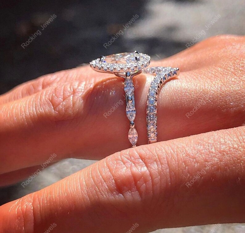 Art Deco Moissanite Bridal Ring Set Pear Shaped Halo Etsy