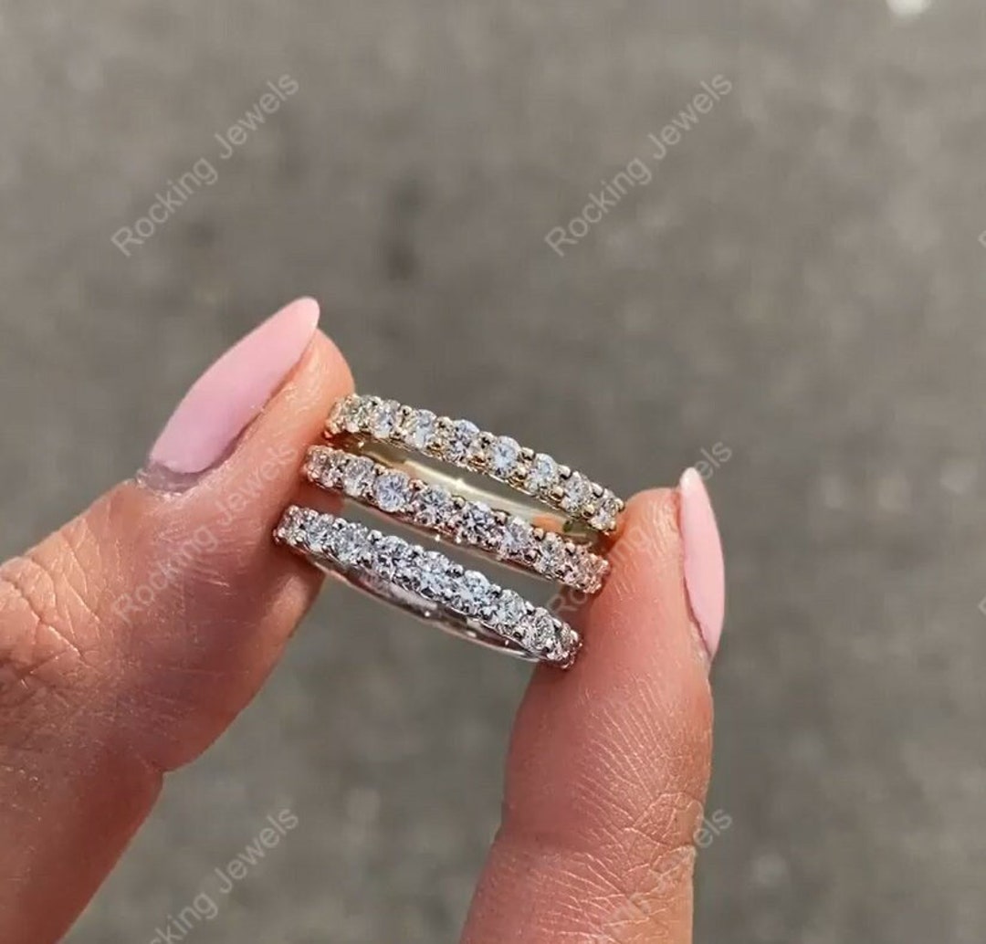 Moissanite Half Eternity Wedding Band Women, Solid Gold Stackable Rings ...