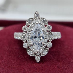 Art Deco Vintage Engagement Ring, Marquise Moissanite Ring, Antique Milgrain Wedding Ring, 925 Silver Estate Jewelry Rings