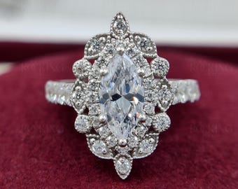 Art Deco Marquise Moissanite Engagement Ring, Milgrain 925 Silver