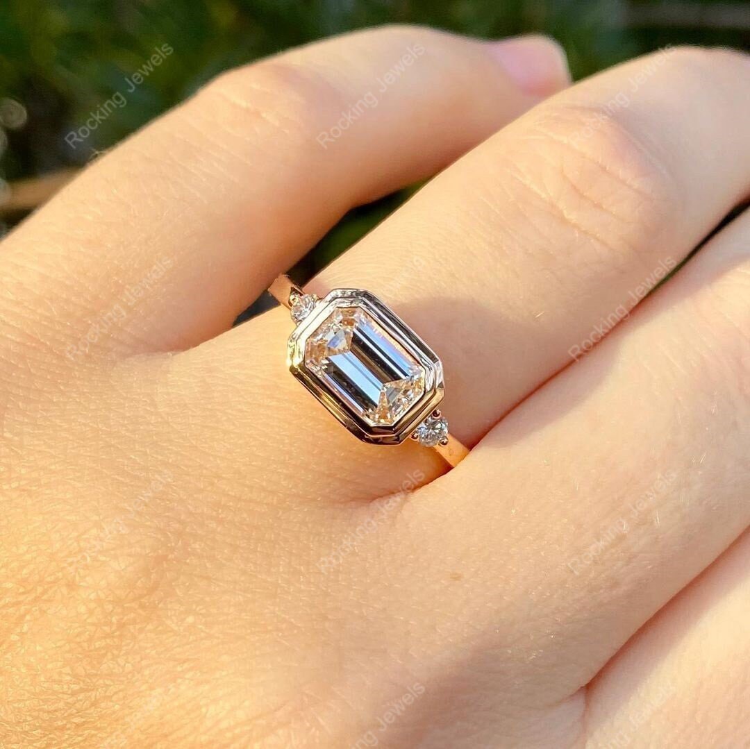 East West Emerald Cut Ring Moissanite Emerald Cut Engagement Etsy