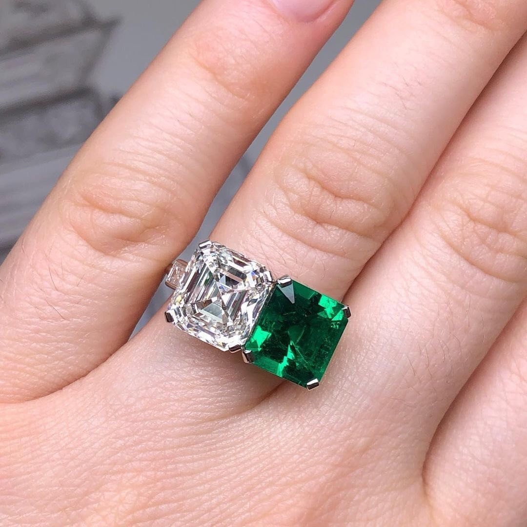 Dual Birthstone Ring Two Stone Art Deco Ring Emerald and Etsy