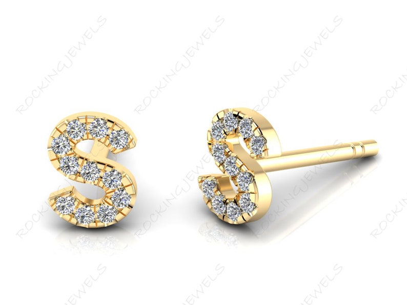 Personalized Jewelry Initial Alphabet Letter S 14K Solid Gold Natural Diamond Stud Earrings Letter Jewelry Modern Earrings