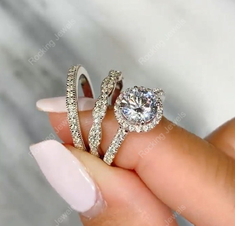 Moissanite 3 Piece Wedding Ring Set, Vintage Halo Engagement