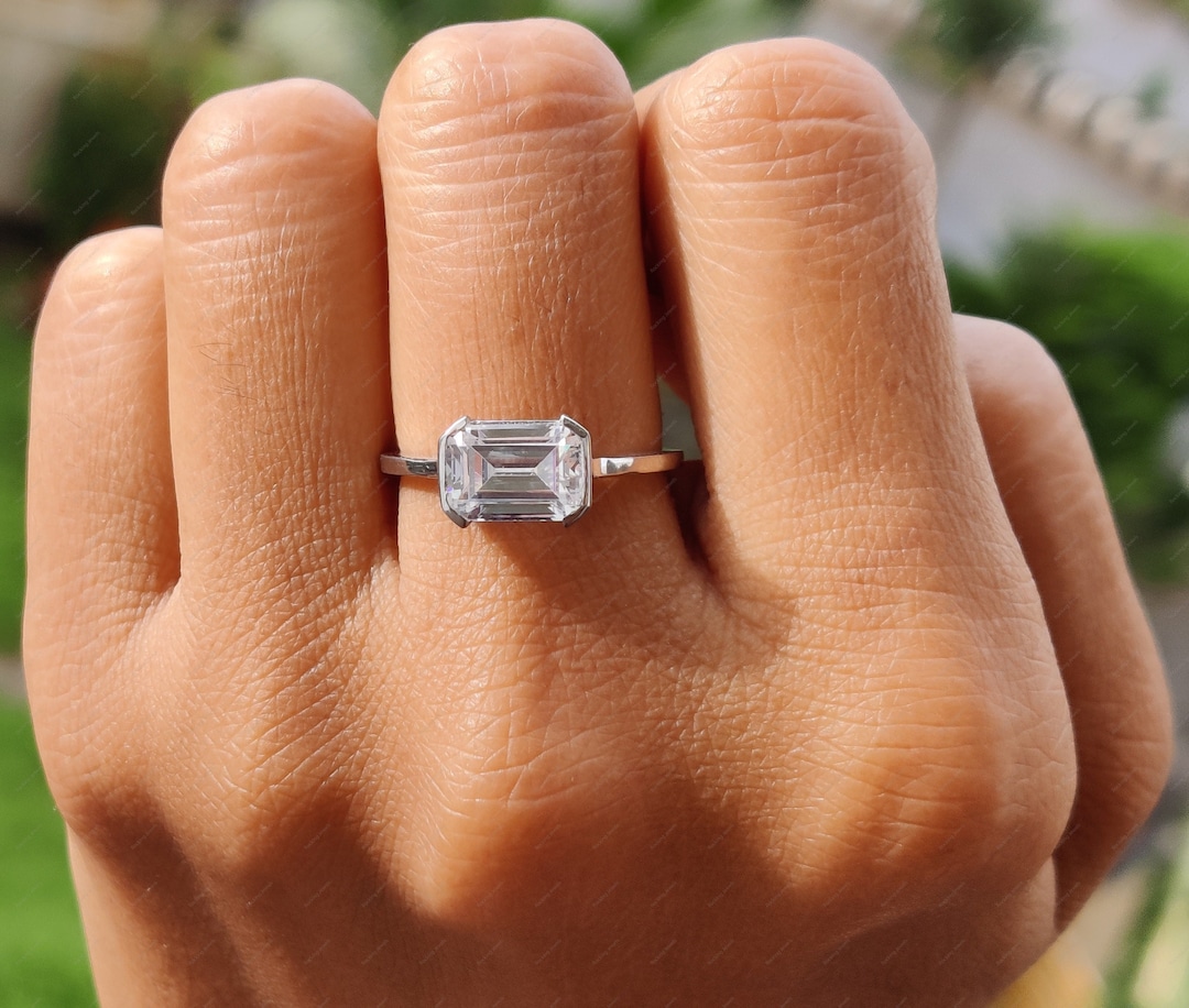 East West Emerald Cut Ring, East West Moissanite Engagement Ring