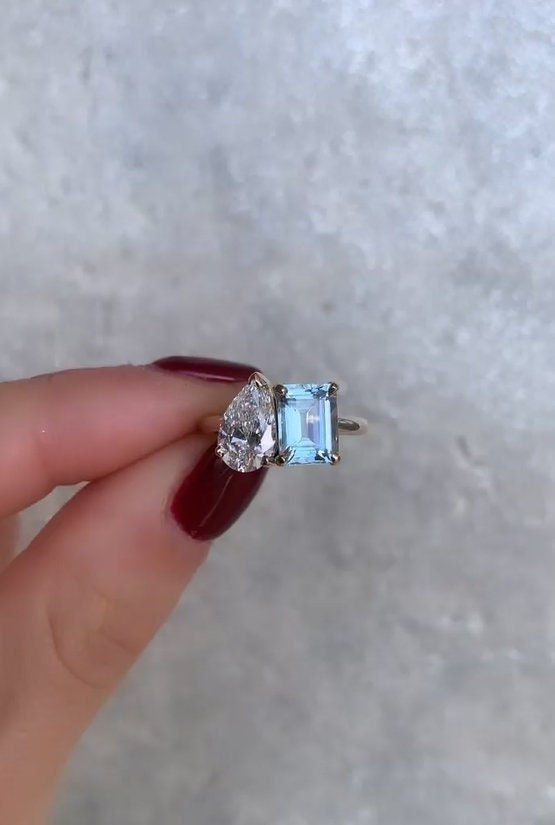 Toi Et Moi Diamond Ring, Aquamarine Engagement Ring Women, Two Stone Vintage Ring, March Birthstone Ring, Aquamarine Gemstone Ring Silver