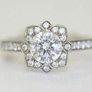 Moissanite Flower Ring, Nature Inspired Floral Engagement Ring, Unique Moissanite Ring, Promise Ring For Women, Solid Gold Wedding Ring