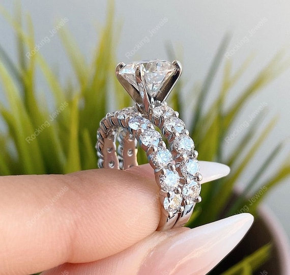 925 Sterling Silver Moissanite Wedding Ring Set, Round Moissanite