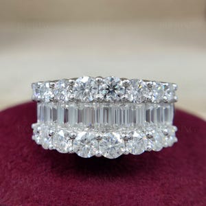 Moissanite Baguette And Round Wedding Bands, Three Rows Wide Anniversary Ring, Graduated Set Moissanite Ring