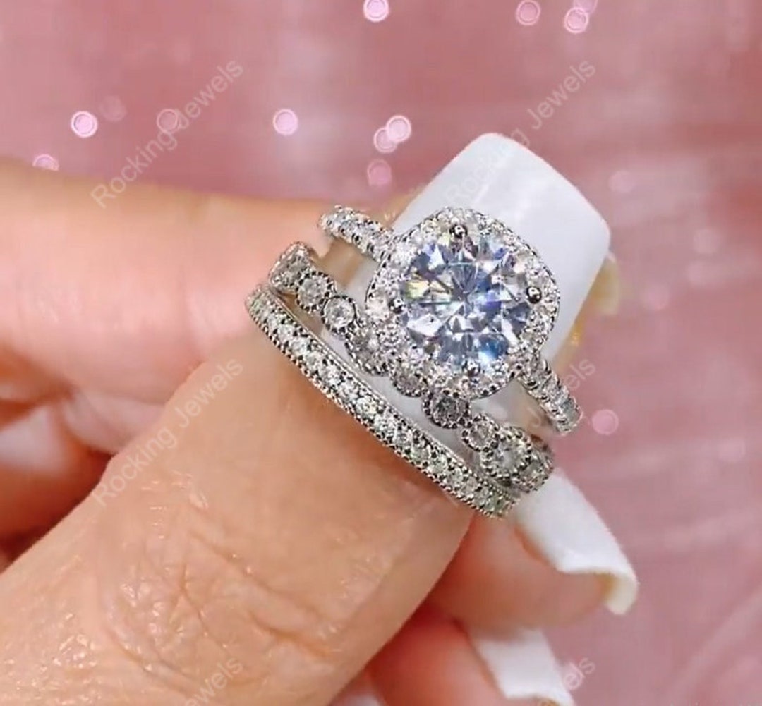 3 Piece Wedding Ring Set, Art Deco Vintage Ring Sets, Moissanite Halo  Engagement Ring Sets, Trio Bridal Sets for Women, Silver Filigree Ring -  Etsy