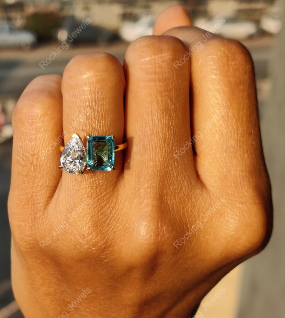 Toi Et Moi Diamond Ring Aquamarine Engagement Ring Women Two Etsy