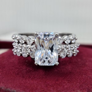 3 Piece Wedding Ring Set, Moissanite Radiant Cut Solitaire Engagement Ring Set, Two Matching Half Eternity Band, Gold Bridal Sets For Women