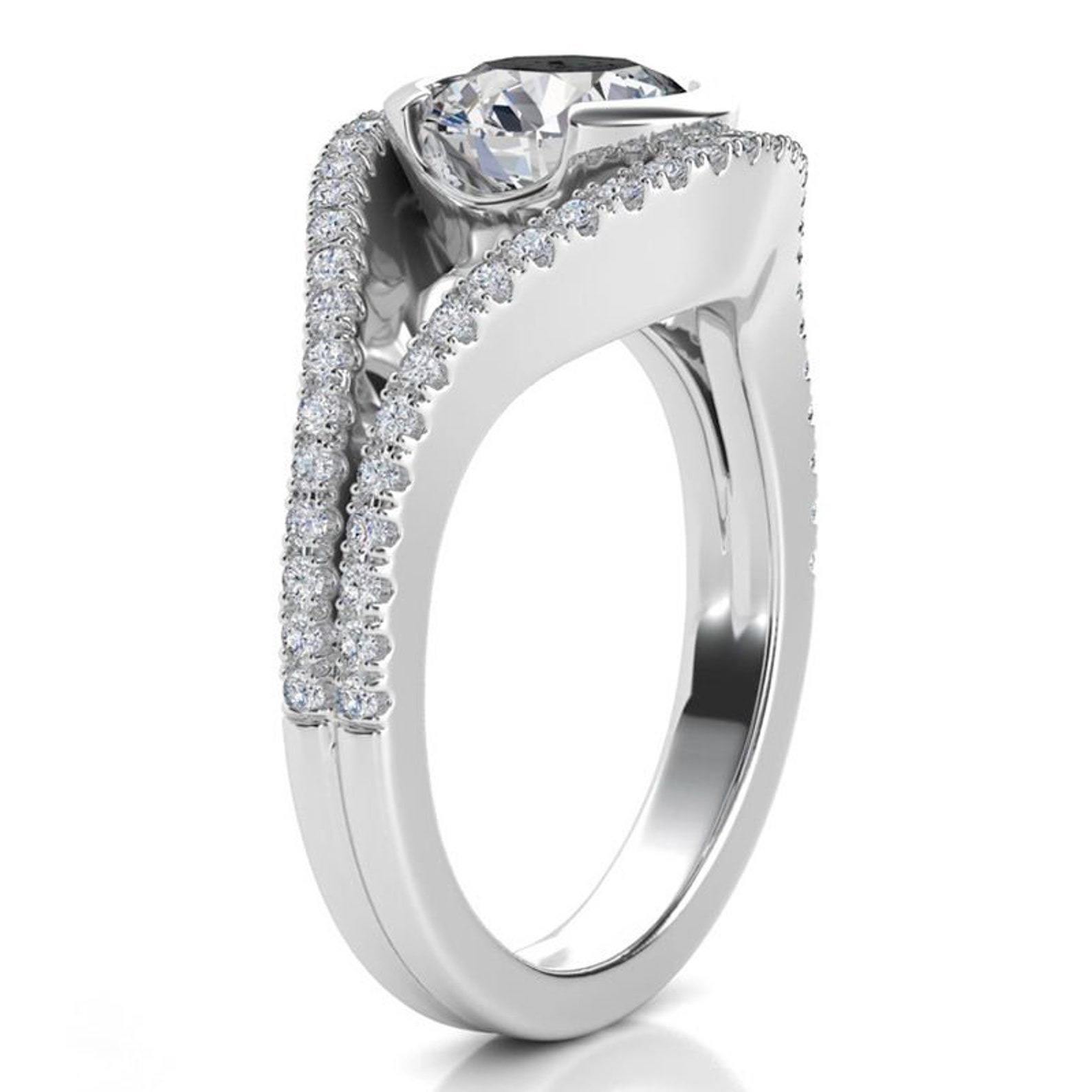 Unique Split Shank Set Solitaire Engagement Ring Half Bezel Etsy
