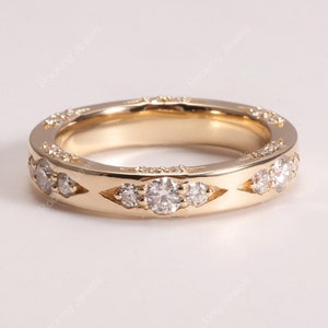 Moissanite Vintage Wedding Band Women, 10K/14K Solid Gold Lacie Band Ring, Art Deco Stackable Ring, Eternity Anniversary Ring, Promise Ring
