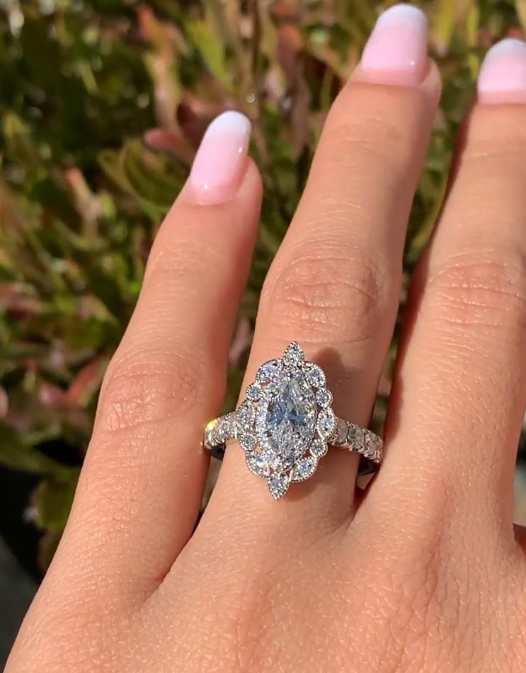 Art Deco Vintage Engagement Ring Marquise Moissanite Ring