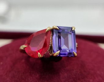 Ruby Amethyst Birthstone Ring, Gold Plated Sterling Silver Toi Et Moi Ring