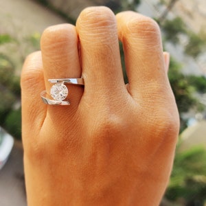 Round Moissanite Solitaire Ring, Tension Set Engagement Ring, Unique Wedding Rings For Women, Swirl Twisted Ring, Single Stone Silver Ring image 4
