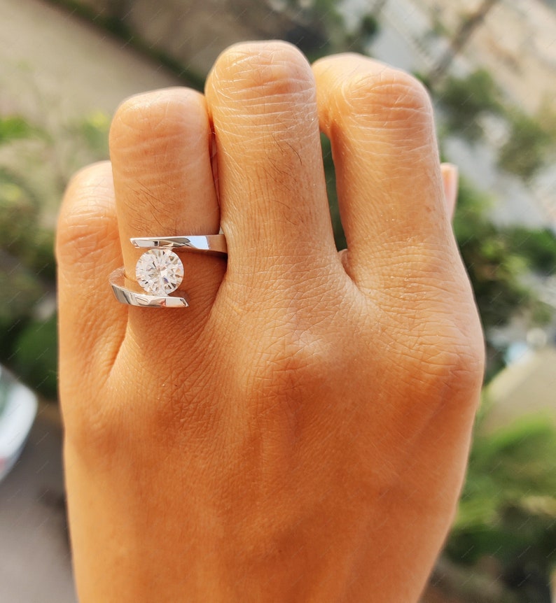 Round Moissanite Solitaire Ring, Tension Set Engagement Ring, Unique Wedding Rings For Women, Swirl Twisted Ring, Single Stone Silver Ring image 4