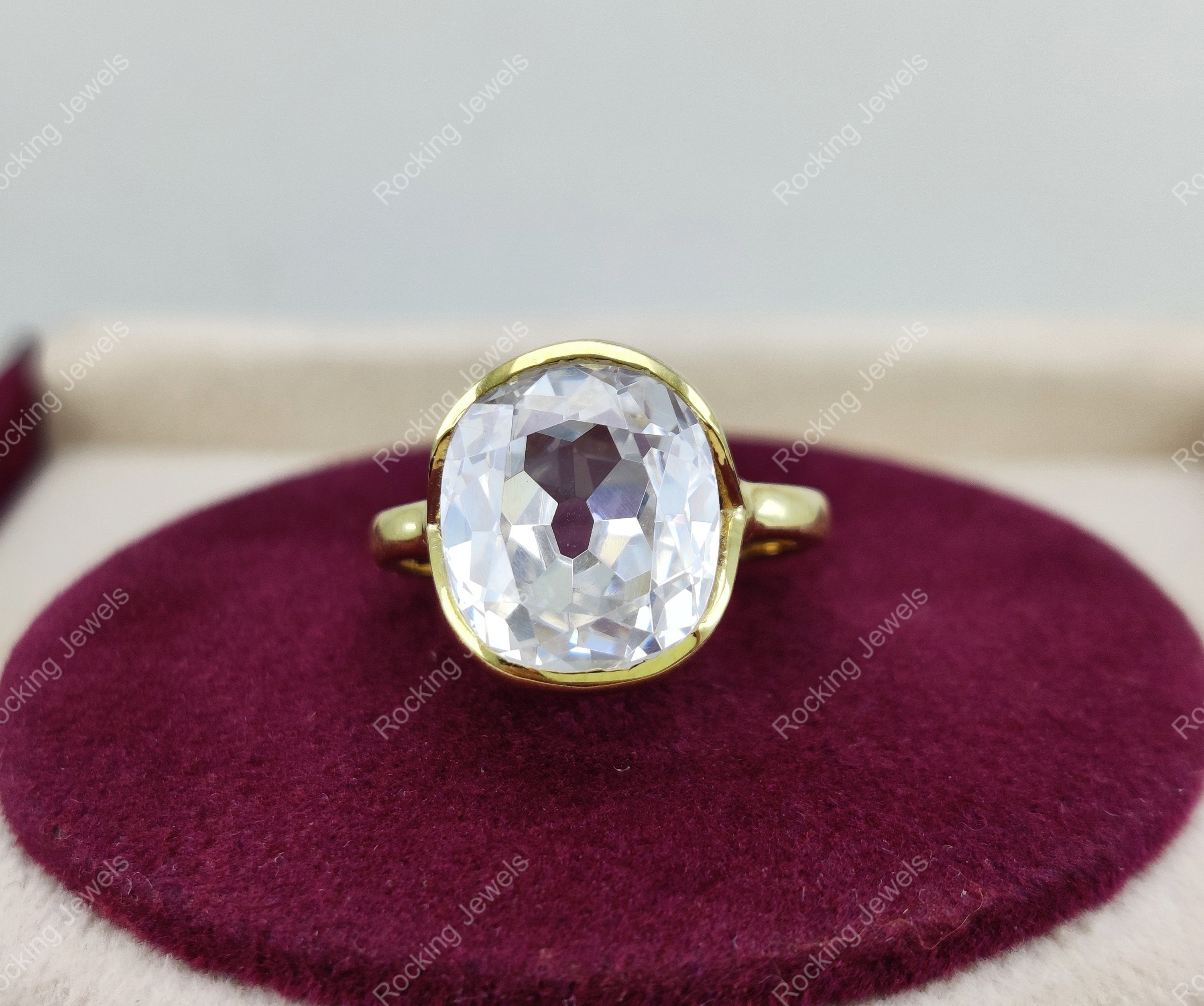 Old Mine Cut Engagement Ring, Antique Old European Cut Diamond Ring, Bezel Set Solitaire Promise Ring, Gold Plated Silver Ring, Gift For Her