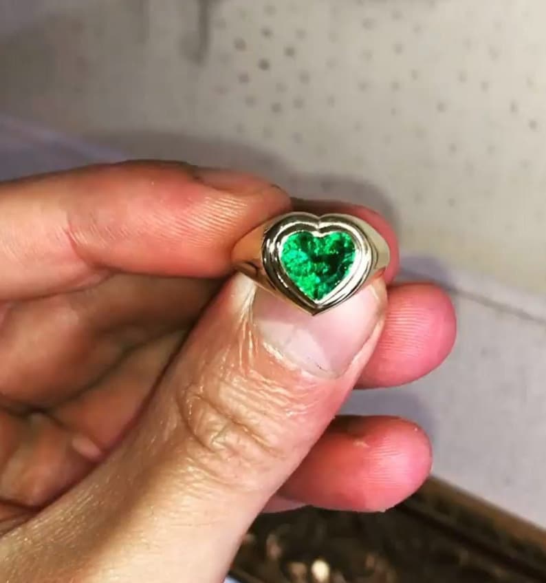 Green Emerald Heart Sterling Silver Signet Ring, May Birthstone Promise Ring, Statement Ring