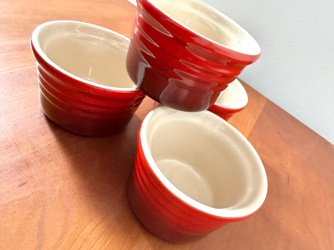 Vintage Set (4) LE CREUSET Classic Stoneware RED Mini Custard