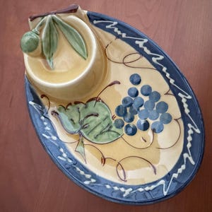 Vintage PROVENCE Faience Provencale du Poet-Laval FRANCE 1950s Olives Grapes Appetizer Dish Plate POTTERY
