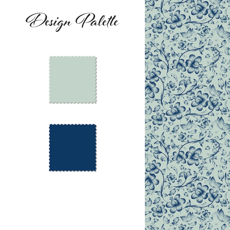Może przedstawiać: Paleta projektowa z dwoma kwadratowymi pr&oacute;bkami tkanin w kolorze jasnozielonym i granatowym, z kwiatowym wzorem po prawej stronie. Słowa "Design Palette" są napisane kursywą u g&oacute;ry.