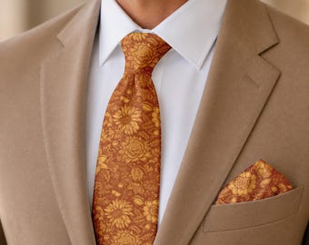 Paprika Marigold Floral Tie, Botanical Burnt Orange Necktie, Elegant Menswear Accessory, Autumn Formal Style
