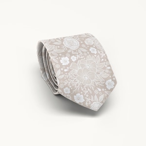 Light Taupe Ivory Floral Tie, Beige Wedding Tie For Groom And Groomsmen
