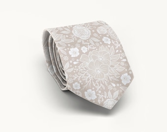 Light Taupe Ivory Floral Tie, Beige Wedding Tie For Groom And Groomsmen