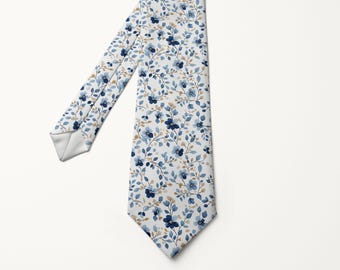 Dusty Blue Floral Tie Wedding Groom Necktie Spring Summer Garden Party Accessory Navy Blue Boho Groomsmen Romantic Mens Gift