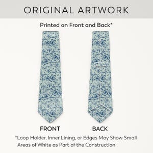 May include: A necktie with a floral pattern in shades of blue on a light blue background. The text "ORIGINAL ARTWORK" and "Printed on Front and Back*" are at the top. The front and back of the tie are displayed. The text "FRONT" and "BACK" are at the bottom.