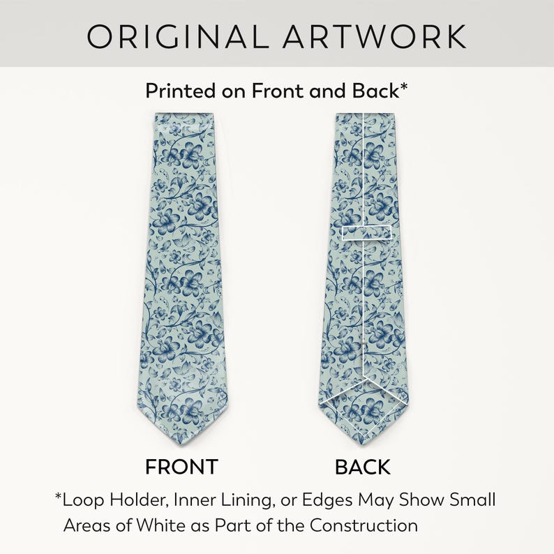 May include: A necktie with a floral pattern in shades of blue on a light blue background. The text "ORIGINAL ARTWORK" and "Printed on Front and Back*" are at the top. The front and back of the tie are displayed. The text "FRONT" and "BACK" are at the bottom.