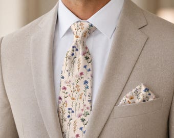 Wildflower Necktie, Cream Floral Tie, Botanical Print Menswear, Garden Wedding Guest, Gift For Him