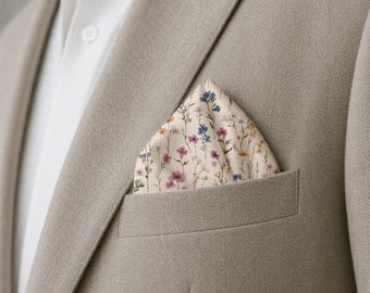 Wildflower Pocket Square, Cream Floral Suit Accent, Botanical Menswear Accessory, Garden Party Style, Gift For Him