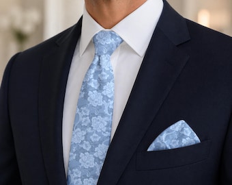 Ice Blue Floral Tie, Botanical Blue Necktie, Elegant Menswear Accessory, Garden Party Tie, Gift for Him