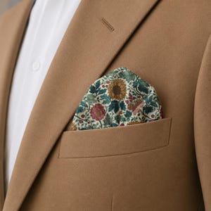 Sunflower Floral Pocket Square, William Morris Inspired, Botanical Menswear, Arts and Crafts Style, Artistic Gift for Him