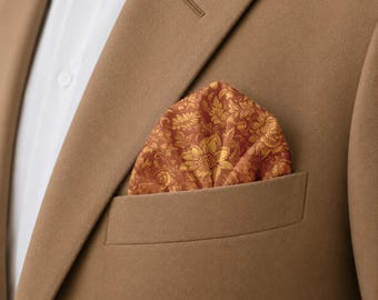 Paprika Marigold Pocket Square, Botanical Burnt Orange Handkerchief, Elegant Autumn Menswear Accent