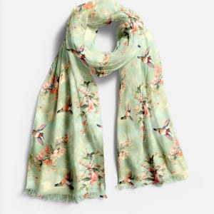 Hummingbird Floral Pashmina Scarf, Spring Blossom Shawl, Lightweight Oversized Wrap